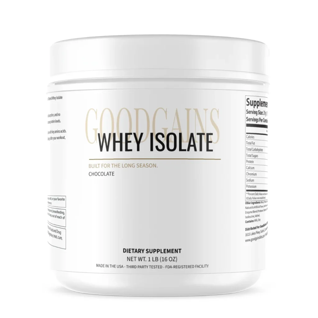 GoodGains Whey Isolate Chocolate, white tub